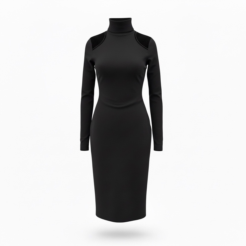 Lauren Ralph Lauren Black Ribbed Turtleneck Midi Dress Quilted Shoulder womens M